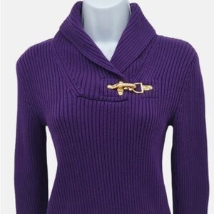 Ralph Lauren Black Label Purple Plum Ribbed Sweater Gold Clasp Shawl Collar SZ L